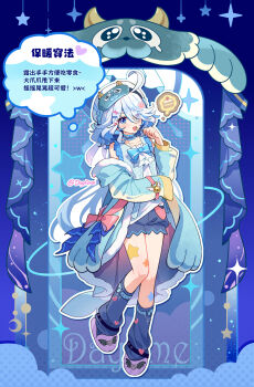 1girl :d absurdres bare_shoulders black_hairband blue_bow blue_bowtie blue_eyes blue_hair blue_jacket blue_shirt blue_shorts blue_socks blush bow bowtie chinese_commentary chinese_text collarbone commentary_request full_body furina_(genshin_impact) genshin_impact gou_lianlian_dogface hair_between_eyes hairband highres jacket long_sleeves looking_at_viewer multicolored_hair off_shoulder open_clothes open_jacket open_mouth outline purple_slippers shirt short_hair shorts sleeveless sleeveless_shirt slippers smile socks solo star_(symbol) translation_request two-tone_hair white_hair white_outline