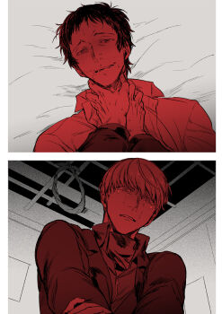 2boys adachi_tooru asphyxiation collared_shirt commentary_request crazy_smile crying crying_with_eyes_open drooling frown hands_on_another's_neck ido_(nothing679) indoors jacket limited_palette long_sleeves looking_at_viewer lying male_focus multiple_boys narukami_yu noose on_back on_bed open_mouth persona persona_4 sad shirt short_hair smile split_screen strangling sweatdrop tears traumatized upper_body yaoi