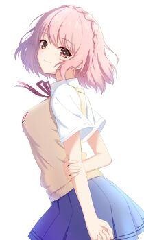 1girl arms_behind_back blue_skirt braid breasts commentary_request crown_braid date_a_live date_a_live:_rinne_utopia highres lime_ill_10 looking_at_viewer medium_breasts neck_ribbon pink_eyes pink_hair raizen_high_school_uniform red_ribbon ribbon school_uniform shirt short_hair short_sleeves skirt smile solo sonogami_rinne sweater_vest white_background white_shirt