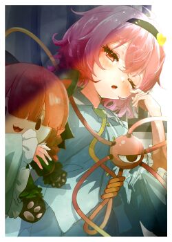 Rule 34 | 1girl, black hairband, blue shirt, blush, commentary request, doll, hairband, heart, highres, holding, holding doll, indoors, kaenbyou rin, komeiji satori, light rays, long sleeves, looking at viewer, nanahana nanana, open mouth, pink eyes, pink hair, shirt, short hair, solo, third eye, touhou, wide sleeves