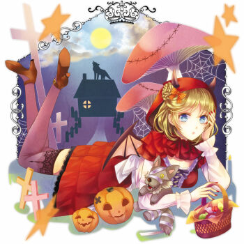 1girl arm_rest blonde_hair blue_eyes breasts candy cross demon_horns demon_wings dress food full_moon horns house iron_cross kirimu_rate lace lace-trimmed_dress lace-trimmed_legwear lace_trim little_red_riding_hood_(fairy_tale) little_red_riding_hood_(fairy_tale_character) looking_at_viewer lying medium_breasts moon mushroom on_stomach original picnic_basket pumpkin red_nails red_skirt short_hair silhouette silk skirt solo spider_web star_(symbol) stuffed_animal stuffed_toy stuffed_wolf wings wolf