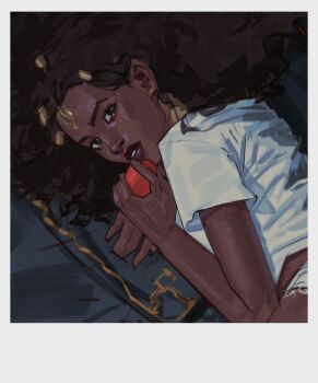 1girl arcane:_league_of_legends brown_eyes brown_hair close-up commentary curly_hair dark-skinned_female dark_skin english_commentary forehead_jewel from_above glitter_makeup hair_ornament highres holding indoors jewelry league_of_legends long_hair looking_at_viewer looking_to_the_side looking_up lying mel_(league_of_legends) nieldalusong on_bed on_side parted_lips pillow shade shirt short_sleeves solo upper_body white_shirt