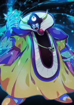 Rule 34 | 1boy, absurdres, aqua skin, armor, colored skin, dragon quest, dragon quest iii, fingernails, floating clothes, full body, highres, horns, jewelry, looking at viewer, male focus, necklace, open mouth, otyumamii, pauldrons, red eyes, robe, sharp fingernails, sharp teeth, short sleeves, shoulder armor, skull necklace, solo, teeth, yellow robe, zoma