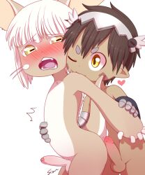 Rule 34 | 1boy, 1boy 1girl, 1girl, :3, :q, achi (made in abyss), animal ears, brown hair, furry, furry female, futa with male, futanari, heart, made in abyss, open mouth, penis, rabbit ears, rabbit tail, regu (made in abyss), short hair, simple background, tail, tongue, tongue out, uncensored, white background, white hair, yellow eyes