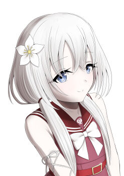 Rule 34 | 1girl, absurdres, arm at side, arm ribbon, assault lily, belt, belt buckle, blue eyes, bow, bowtie, buckle, closed mouth, commentary request, flower, hair between eyes, hair flower, hair ornament, high-waist skirt, highres, kanba girls high school uniform, long hair, looking at viewer, low twintails, red belt, red sailor collar, red shirt, red skirt, ribbon, sailor collar, school uniform, serafuku, shiozaki suzume, shirt, sideways glance, simple background, skirt, sleeveless, sleeveless shirt, smile, solo, twintails, upper body, white background, white bow, white bowtie, white flower, white hair, white ribbon, yadoo