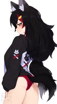 1girl animal_ear_fluff animal_ears ass black_hair black_hoodie blush brown_eyes closed_mouth cowboy_shot highres hololive hood hoodie long_hair long_sleeves low-tied_long_hair no_pants ookami_mio ookami_mio_(hoodie) panties profile red_panties solo standing tail underwear very_long_hair virtual_youtuber wolf_ears wolf_tail yoako