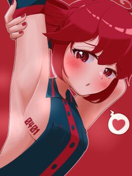 1girl armpit_focus armpits arms_up bamboo_rindou black_shirt blush breast_pocket breast_tattoo breasts commentary_request detached_sleeves dot_nose double-parted_bangs drill_hair heart heart-shaped_pupils highres kasane_teto kasane_teto_(utau) looking_at_viewer medium_breasts nail_polish number_tattoo open_mouth pocket red_background red_nails red_trim shirt sideboob sidelocks sleeveless sleeveless_shirt solo spoken_heart symbol-shaped_pupils tattoo twin_drills utau wing_collar