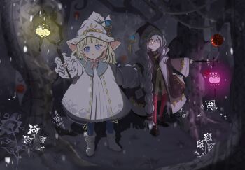 2girls astellar_of_the_white_forest baby_animal bag blonde_hair blue_eyes blush boots braid brown_boots closed_mouth diabellstar_the_black_witch diabellze_the_original_sinkeeper dress duel_monster elzette_of_the_white_forest gown hat highres holding holding_hands holding_staff kurosaki_kazusa lamb long_hair monocle multiple_girls night open_mouth sheep side_braid staff tree very_long_hair white_boots white_dress white_eyes white_hair witch witch_hat yu-gi-oh!