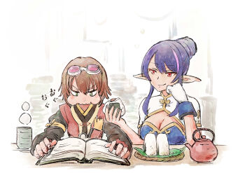 1girl 2girls :t absurdres annoyed blue_hair book breasts brown_hair chewing cleavage eating feeding fingerless_gloves food food_bite frown gloves goggles goggles_on_head green_eyes hands_on_own_cheeks hands_on_own_face head_rest highres holding holding_food judith_(tales) large_breasts long_hair looking_at_another multiple_girls nemimin onigiri open_book pointy_ears purple_hair reading red_eyes rice rita_mordio short_hair small_breasts smile smirk smug tales_of_(series) tales_of_vesperia teapot