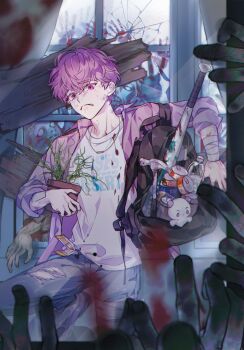1boy backpack bag bamby_(plave) bandaged_arm bandages blood blood_on_clothes broken_window commentary crying hair_between_eyes highres holding holding_plant jacket jewelry k-pop korean_commentary long_sleeves male_focus necklace open_clothes open_jacket pink_eyes pink_hair pink_jacket plant plave pov pov_hands print_shirt rjduf666 shirt short_hair solo_focus white_shirt zombie