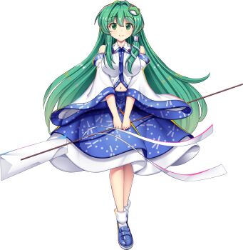 1girl blue_shoes blue_skirt detached_sleeves frog_hair_ornament full_body green_eyes green_hair hair_ornament highres holding holding_staff kochiya_sanae long_hair nontraditional_miko official_art rotte_(1109) shoes simple_background skirt smile snake_hair_ornament solo staff tachi-e touhou touhou_lostword white_background