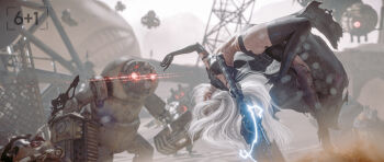 Rule 34 | 1girl, 3d, a2 (nier:automata), android, artist logo, bare shoulders, battle, black gloves, blurry, blurry background, boots, breasts, chain-link fence, day, dirt, drone, dust, dutch angle, dynamic pose, elbow gloves, electricity, emil (nier), fence, fighting, fighting in air, floating hair, full body, gloves, glowing, glowing eye, glowing eyes, high heel boots, high heels, highres, holding, holding sword, holding weapon, incoming attack, joints, lens flare, light particles, lightning, logo, long hair, medium breasts, midair, nier:automata, nier (series), nixee3d, no blindfold, outdoors, realistic, robot, robot joints, scenery, seven (sixplusone), shadow, skin seams, sword, thighhighs, type-4o sword, weapon, white hair, yorha