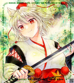 1girl adversarial_noise alto2019 animal_ear_fluff animal_ears breasts bridal_gauntlets closed_mouth commentary_request commission detached_sleeves green_background grey_hair hat highres holding holding_sword holding_weapon inubashiri_momiji japanese_clothes katana kimono kourindou_tengu_costume large_breasts looking_at_viewer marker_(medium) obi pom_pom_(clothes) red_eyes red_hat red_sash sash signature smile solo sword tail tokin_hat touhou traditional_media watermark weapon white_kimono wolf_ears wolf_girl wolf_tail