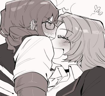 1boy 1girl :d ^_^ absurdres ahoge angry annoyed antenna_hair antennae arthropod_limbs assertive_female blush breasts choker closed_eyes closed_mouth collared_shirt dress_shirt ear_blush embarrassed eyes_visible_through_hair face-to-face facial_hair facing_another flower from_side glasses gregor_(project_moon) greyscale hair_between_eyes happy happy_aura heart height_difference highres laughing lifting_person limbus_company long_hair long_sleeves low_ponytail male_focus medium_breasts monochrome necktie nose_blush open_clothes open_mouth parted_bangs picking_up ponytail profile project_moon rodion_(project_moon) sanpaku scowl semi-rimless_eyewear shirt simple_background smile stubble under-rim_eyewear upper_body v-shaped_eyebrows vest white_background wing_collar