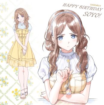 1girl alternate_costume bang_dream! bang_dream!_it's_mygo!!!!! blue_eyes breasts brown_hair cake flower food fork hair_bun happy_birthday highres large_breasts light_blush long_hair long_skirt nagasaki_soyo nonanonnon6u6 skirt white_background yellow_flower