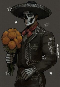 1boy artist_name batman_(series) black_hair blue_eyes calavera charro ciricearts dc_comics dia_de_muertos hat highres jason_todd male_focus mariachi mexican_clothes mexico muscular muscular_male pants short_hair skull_facepaint sombrero twitter_username