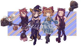 2boys 2girls alternate_costume animal_ears asch_(tales) ascot bare_shoulders belt_buckle belt_collar black_boots black_dress black_gloves black_jacket black_pants blonde_hair blue_dress blue_eyes blush boots bow breasts broom brown_eyes buckle cat_ears cat_tail cleavage closed_mouth collar commentary_request creature dress elbow_gloves full_body fur_trim gloves green_eyes hair_bow hair_over_one_eye halloween halloween_bucket halloween_costume happy_halloween hat highres holding holding_broom hor1_maa jacket long_hair looking_at_another luke_fon_fabre mieu_(tales) multiple_boys multiple_girls natalia_luzu_kimlasca_lanvaldear one_eye_closed open_mouth pants red_bow red_hair short_hair smile tail tales_of_(series) tales_of_the_abyss tear_grants thigh_boots whiskers witch witch_hat yellow_ascot