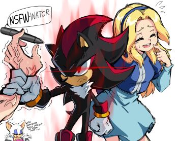 2boys 2girls angry artist_self-insert black_fur blonde_hair blue_dress chest_fur crushing dress english_text gloves glowing glowing_eye highres injury lewdamone long_hair looking_at_another maria_robotnik multiple_boys multiple_girls pen red_aura red_eyes restrained rouge_the_bat shadow_the_hedgehog smile sonic_(series) sonic_generations sonic_x_shadow_generations sweat white_gloves