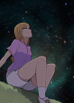1girl blonde_hair blue_eyes breasts commentary_request from_below galois grass highres hill korean_commentary long_hair looking_up odyssey_(galois) profile purple_shirt seong_eun-ha shirt shoes short_shorts shorts sidelocks sitting sky small_breasts solo star_(sky) starry_sky white_shoes white_shorts