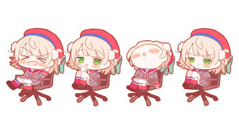&gt;_&lt; 1girl :d beret black_shoes blonde_hair blush_stickers buttons chair chibi chibi_only chirogi coffee_mug commentary cup double-breasted feet_on_chair green_eyes grey_jacket grey_skirt hair_ornament hair_rings hat indie_virtual_youtuber jacket knees_up legwear_garter loafers long_sleeves miniskirt mug multiple_views necktie office_chair open_mouth orange_necktie pinstripe_jacket pinstripe_pattern pinstripe_skirt pleated_skirt pom_pom_(clothes) pom_pom_hair_ornament red_hat red_sailor_collar red_socks sailor_collar school_uniform shigure_ui_(vtuber) shigure_ui_(vtuber)_(1st_costume) shoes short_hair side_up_ring simple_background skirt sleeve_cuffs smile socks swivel_chair virtual_youtuber white_background winter_uniform