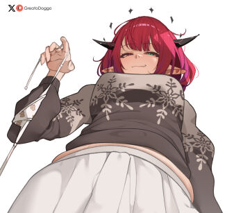 1girl black_horns cowboy_shot fang from_below greatodoggo grey_sweater halo highres holding holding_panties holding_underwear holding_unworn_clothes hololive hololive_english horns irys_(hololive) looking_at_viewer looking_down multicolored_hair panties pleated_skirt pointy_ears purple_hair red_hair simple_background skirt smile sweater two-tone_hair underwear virtual_youtuber white_background white_panties white_skirt