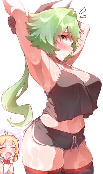 2girls absurdres arm_up armpits black_camisole black_shorts black_thighhighs blonde_hair breasts caesar_king_(zenless_zone_zero) camisole closed_mouth commentary english_commentary green_hair highres large_breasts long_hair looking_at_viewer luciana_de_montefio midriff multiple_girls navel orcavice ponytail short_shorts shorts simple_background thick_thighs thighhighs thighs white_background yellow_eyes zenless_zone_zero
