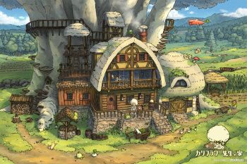 3others ambiguous_gender axe bird blue_sky cloud commentary_request day door duck forest grass hanging_lantern house ladder multiple_others nature original outdoors poppo_sutchy railing scenery sky translation_request tree tree_stump well window wolf