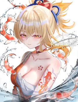 Rule 34 | 1girl, arm tattoo, artist logo, blonde hair, breasts, butterfly choker, chest sarashi, chest tattoo, choker, cleavage, closed mouth, commentary request, fish, fish tattoo, genshin impact, hadanugi dousa, hair between eyes, hair ornament, highres, japanese clothes, kimono, koi, kouyo (kouyomir), large breasts, logo, long hair, looking at viewer, open kimono, orange kimono, partially submerged, ponytail, red choker, sarashi, simple background, single bare shoulder, smile, solo, tattoo, water, white background, yellow eyes, yoimiya (genshin impact)
