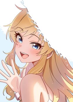 1girl bare_shoulders blonde_hair blue_eyes blush commentary_request hat highres idolmaster idolmaster_cinderella_girls long_hair looking_at_viewer niban_(puka_0507) ohtsuki_yui open_mouth smile solo straw_hat sun_hat waving wavy_hair wristband