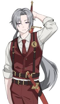 Rule 34 | 1boy, absurdres, belt, bishounen, closed mouth, collared shirt, commentary request, cowboy shot, highres, holding, holding sword, holding weapon, korean commentary, limbus company, limkkmz5, long hair, looking at viewer, lucio (project moon), male focus, necktie, ponytail, project moon, red eyes, red necktie, red vest, shirt, simple background, solo, suspenders, sword, vest, weapon, white background, white hair, white shirt