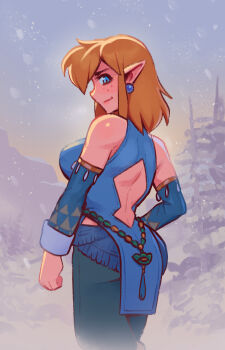 1girl back_cutout blonde_hair blue_eyes blue_pants blue_shirt breasts brellom closed_mouth clothing_cutout commentary detached_sleeves earrings english_commentary feet_out_of_frame fog freckles from_behind frostbite_set_(zelda) genderswap genderswap_(mtf) grey_sky highres jewelry large_breasts light_smile link long_hair long_sleeves looking_at_viewer looking_back mullet nintendo outdoors pants pointy_ears shirt side_slit sidelighting sky snow solo the_legend_of_zelda the_legend_of_zelda:_tears_of_the_kingdom triforce_print turning_head white_wrist_cuffs winter wrist_cuffs