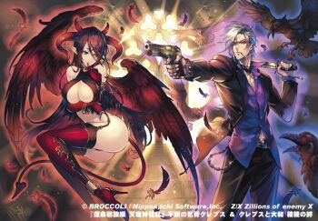 1boy 1girl bird black_collar black_feathers black_hair black_jacket black_pants boots breasts cleavage_cutout clothing_cutout collar copyright_notice crepus_(z/x) crow demon_girl demon_horns demon_tail demon_wings elbow_gloves falling_feathers feathered_wings feathers gloves glowing glowing_eyes green_eyes grey_hair gun hair_between_eyes high_heel_boots high_heels holding holding_gun holding_knife holding_weapon horns jacket kinoshita_kotetsu knife large_breasts long_hair official_art open_clothes open_jacket pants pointy_ears purple_shirt red_eyes red_gloves red_horns shirt short_hair smoking tail tennouji_yamato thigh_boots weapon wings z/x