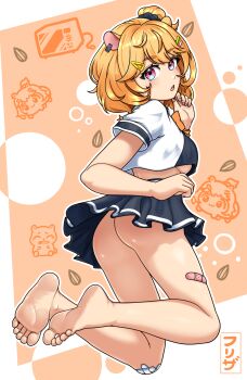 Rule 34 | 1girl, animal ears, ass, bandaid, bandaid on leg, barefoot, black scrunchie, black shirt, black skirt, bow, breasts, crop top, efreezerarts, eimi isami, hamster ears, hamster girl, hand on own chin, highres, looking back, microwave, one side up, orange background, orange bow, orange hair, phase connect, pink eyes, scrunchie, seed, shirt, short hair, skirt, soles, sunflower seed, two-tone shirt, underboob, underwear, virtual youtuber, white background, white shirt