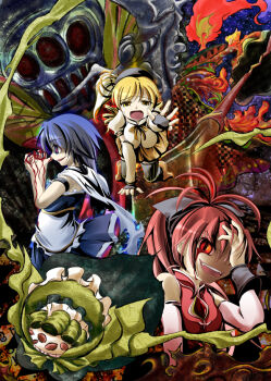 3girls armlet bare_arms bare_shoulders beret black_bow black_gloves black_hat black_thighhighs black_wrist_cuffs blonde_hair blood blood_on_hands bloody_tears blue_eyes blue_hair blue_shirt blue_skirt bow bowtie candeloro candle cape chest_jewel cleavage_cutout clothing_cutout collared_dress collared_shirt commentary_request corruption covering_one_eye crazy crazy_smile crying crying_with_eyes_open detached_sleeves dress drill_hair fangs fingerless_gloves fire frilled_shirt frills from_side full_body gem gloves glowing glowing_eye hair_bow hair_ornament hairpin hand_on_ground hand_on_own_head hat hat_feather helm helmet high_collar jewelry kneeling laughing long_hair long_sleeves mahou_shoujo_madoka_magica mahou_shoujo_madoka_magica_(anime) medium_hair miki_sayaka miki_sayaka_(magical_girl) miniskirt multiple_girls oktavia_von_seckendorff open_mouth ophelia_(madoka_magica) outstretched_hand pleated_skirt ponytail puffy_short_sleeves puffy_sleeves reaching red_dress red_eyes red_gemstone red_hair red_pupils romaruchi sad sakura_kyoko sakura_kyoko_(magical_girl) shirt shoes short_sleeves skirt sleeveless sleeveless_dress slit_pupils smile strapless strapless_shirt streaming_tears striped_clothes striped_thighhighs tears teeth thighhighs tomoe_mami tomoe_mami_(magical_girl) twin_drills two-tone_shirt upper_body upper_teeth_only v-shaped_eyebrows vertical-striped_clothes vertical-striped_thighhighs white_cape white_shirt white_sleeves witch_(madoka_magica) wrist_cuffs yellow_bow yellow_bowtie yellow_eyes yellow_shoes yellow_skirt