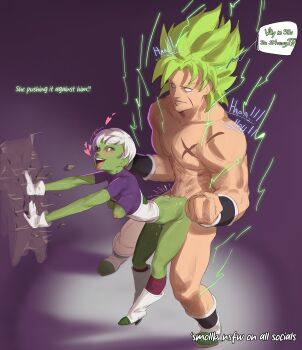 1boy 1girl :d against_wall blonde_hair breasts broly_(dragon_ball_super) cheelai clenched_hands colored_skin completely_nude dragon_ball dragon_ball_super dragon_ball_super_broly english_text from_side gloves green_skin heart hetero highres leaning_forward nipples nude open_mouth short_hair smile smollb_nsfw speech_bubble tongue tongue_out white_gloves white_hair