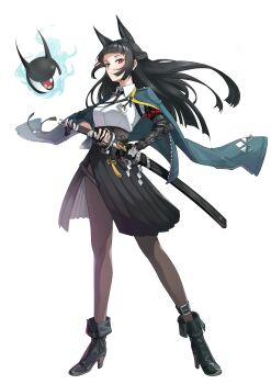 1girl absurdres animal_ear_fluff animal_ears aqua_jacket arm_out_of_sleeve black_hair black_necktie black_shoes blunt_bangs brown_pantyhose closed_mouth commentary english_commentary fingerless_gloves fox_ears fox_girl full_body gauntlets gloves high-waist_skirt highres holding holding_sword holding_weapon hoshimi_miyabi jacket katana long_hair looking_at_viewer necktie pantyhose red_eyes sheath shirt shoes simple_background single_fingerless_glove single_gauntlet skirt sword tailless_(zenless_zone_zero) user_dapn7875 weapon white_background white_shirt zenless_zone_zero
