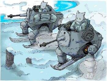 2boys aqua_jacket cat_boy day fog gun highres jacket mecha multiple_boys original robot skis snow vehicle_focus walker_(robot) water weapon yabarn