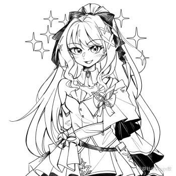 1girl :d benghuai_xueyuan black_bow bow chinese_commentary commentary_request dress greyscale hair_bow highres honkai_(series) laniaitte_gordius_de_eumenes long_hair looking_at_viewer monochrome open_mouth ponytail sange simple_background smile solo white_background white_dress