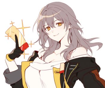 1girl alternate_breast_size_(larger) bare_shoulders between_fingers black_gloves black_jacket blush breasts cleavage closed_mouth collarbone gloves grey_hair guungyelan hair_between_eyes hand_up hashtag-only_commentary holding holding_ticket honkai:_star_rail honkai_(series) jacket lapels large_breasts long_hair long_sleeves looking_at_viewer off-shoulder_shirt off_shoulder open_clothes open_jacket shirt sidelocks simple_background smile solo sparkle star_rail_special_pass_(honkai:_star_rail) stelle_(honkai:_star_rail) t-shirt tassel ticket trailblazer_(honkai:_star_rail) upper_body white_background white_shirt yellow_eyes yellow_pupils