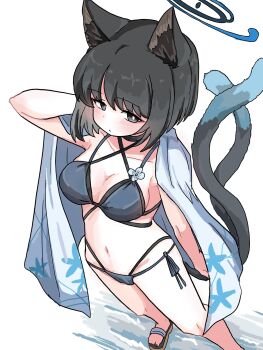 1girl animal_ears bikini black_eyes black_hair black_tail blue_archive blue_bikini blue_halo blue_tail breasts cat_ears cat_girl cat_tail cleavage colored_inner_animal_ears criss-cross_straps from_above gradient_tail halo haori_on_shoulders highres kikyou_(blue_archive) kikyou_(swimsuit)_(blue_archive) layered_bikini looking_at_viewer medium_breasts multi-strapped_bikini_bottom multiple_tails official_alternate_costume short_hair solo swimsuit tachikaze_miyako tail two_tails