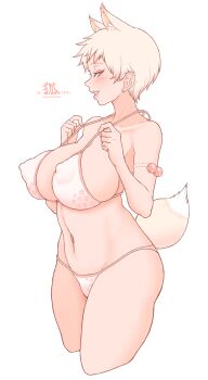 1girl a_kun absurdres animal_ears bikini blonde_hair blush breasts commentary_request covered_erect_nipples cropped_legs eyeliner floral_print fox_ears fox_tail grin highres large_breasts looking_at_viewer makeup navel orange_eyes original short_hair simple_background smile solo swimsuit tail white_background