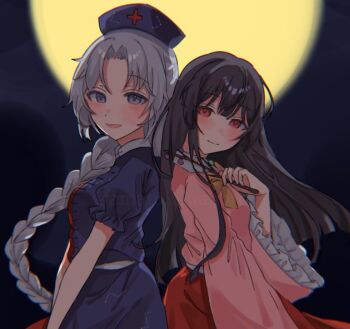 2girls amatukimahoro back-to-back black_hair blue_hat blunt_ends blurry blurry_background blush braid braided_ponytail commentary curtained_hair dress frilled_sleeves frills grey_hair hat houraisan_kaguya long_hair looking_at_viewer looking_to_the_side moon multiple_girls nurse_cap pink_shirt puffy_short_sleeves puffy_sleeves red_skirt shirt short_sleeves skirt smile split-color_clothes straight_hair touhou two-tone_dress very_long_hair yagokoro_eirin