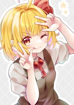 1girl ;) ;q ahoge argyle_background bare_arms black_skirt blonde_hair collared_shirt commentary_request dotted_line double_w fingernails heart heart_in_eye looking_at_viewer necktie one_eye_closed orange_eyes outline red_necktie rumia sakuyabm shirt short_hair short_sleeves skirt skirt_set smile solo star_(symbol) symbol_in_eye tongue tongue_out touhou twitter_username v-shaped_eyebrows w white_outline white_shirt