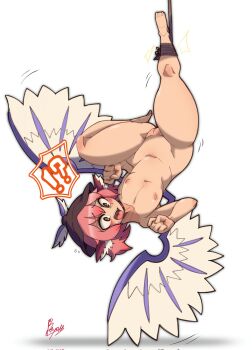 !? 1girl bar_censor bird_wings blush bound censored commentary_request doctor5648 flat_chest highres mystia_lorelei navel nipples nude open_mouth pink_hair pussy short_hair signature simple_background solo thick_thighs thighs touhou uncensored white_background white_wings wings