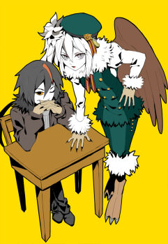 1boy 1girl black_jacket commentary_request demon_boy demon_girl funamusea greif_(funamusea) haiiro_teien jacket long_hair long_sleeves looking_at_viewer low-tied_long_hair majiang pants puffy_long_sleeves puffy_sleeves rouri_(funamusea) sitting slit_pupils talons white_hair