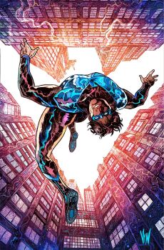 1boy artist_name backflip batman_(series) black_bodysuit black_hair blue_bodysuit blue_mask bodysuit building city cityscape dc_comics dick_grayson dynamic_pose full_body gymnastics highres male_focus mask multicolored_bodysuit muscular nightwing outdoors short_hair signature sky skyline skyscraper smile solo solo_focus superhero_costume taut_bodysuit two-tone_bodysuit vinartwork western_comics_(style)