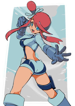 1girl :d blue_boots blue_eyes blue_jacket blue_shorts boots breasts commentary eudetenis eyelashes gloves hair_ornament happy highres jacket nintendo one_side_up open_mouth pokemon pokemon_bw pouch red_hair short_hair_with_long_locks short_shorts shorts sidelocks skyla_(pokemon) smile solo spread_fingers swept_bangs teeth thigh_pouch tongue upper_teeth_only