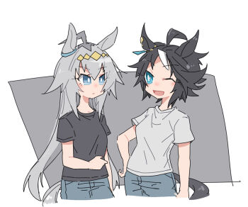 Rule 34 | 2girls, ;d, ahoge, alternate costume, animal ears, arm at side, bare arms, beer hsk, black shirt, blue eyes, bright pupils, casual, chibi, chibi only, closed mouth, commentary request, cowboy shot, ear ornament, face-to-face, fuji kiseki (umamusume), grey hair, grey shirt, hair between eyes, hand on own hip, horse ears, horse girl, horse tail, jewelry, long hair, looking at another, multicolored hair, multiple girls, oguri cap (umamusume), one eye closed, open mouth, shirt, short hair, short sleeves, smile, t-shirt, tail, twintails, two-tone hair, umamusume, very long hair, white pupils