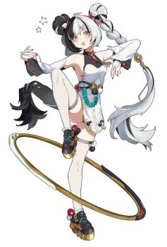 1girl ahoge animal_print aqua_nails bare_shoulders bear_print black_hair black_shoes blush braid braided_twintails chakram china_dress chinese_clothes detached_sleeves dialyn_(zenless_zone_zero) double_bun dress earrings hair_bun hair_extensions hair_intakes hair_ornament hairclip hashtag-only_commentary highres jewelry kurokoi_art leg_up long_hair looking_at_viewer multicolored_hair multicolored_nails necktie open_mouth panda_hair_ornament panda_print pelvic_curtain red_nails ring_hair_extensions shoes simple_background solo sparkling_eyes split-color_hair standing standing_on_one_leg star_(symbol) thighhighs weapon white_background white_hair white_thighhighs wire yellow_eyes yellow_necktie zenless_zone_zero