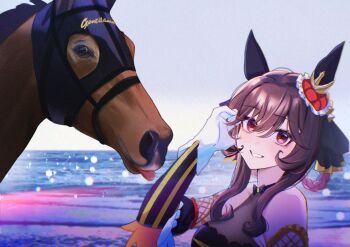 1girl animal_ears bare_shoulders blush braid braided_hair_rings breasts brown_hair commentary_request creature_and_personification detached_sleeves dress ear_covers ear_ornament gentildonna_(racehorse) gentildonna_(regina_dei_fiori)_(umamusume) gentildonna_(umamusume) gloves hair_between_eyes hair_ornament hair_rings heart-shaped_ornament heart_ear_ornament higeji_(higeji404) highres horse horse_ears horse_girl long_hair looking_at_viewer mask personification real_life red_eyes see-through_cleavage see-through_clothes smile tongue tongue_out umamusume upper_body white_background white_gloves